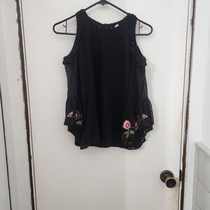 Black Off The Shoulder Top with Floral Embroidery On The Sleeve